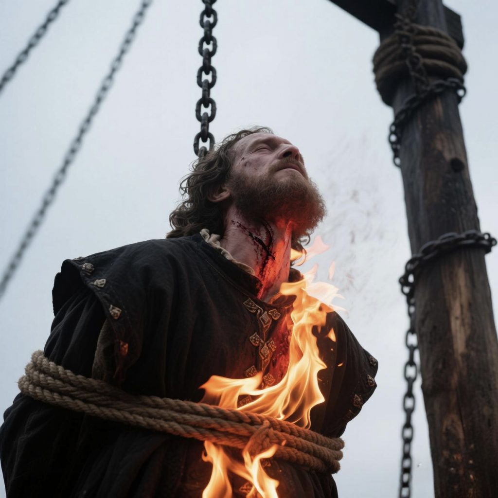 AI image of C15th man being both hanged and burned