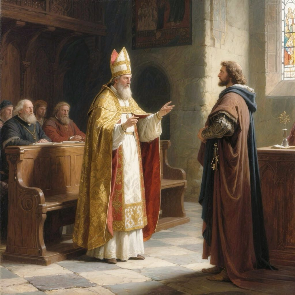 I image of an Archbishop accusing a Sir John Oldcastle of heresy in a church court