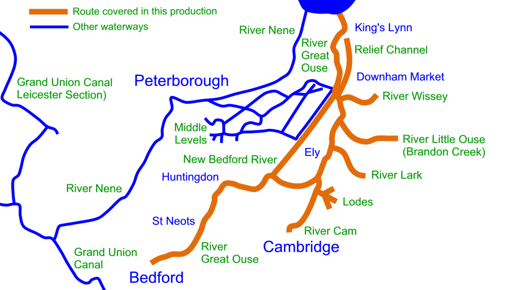 Modern day map showing route of the River Great Ouse between Bedford and King's Lynn (waterwayroutes.co.uk)
