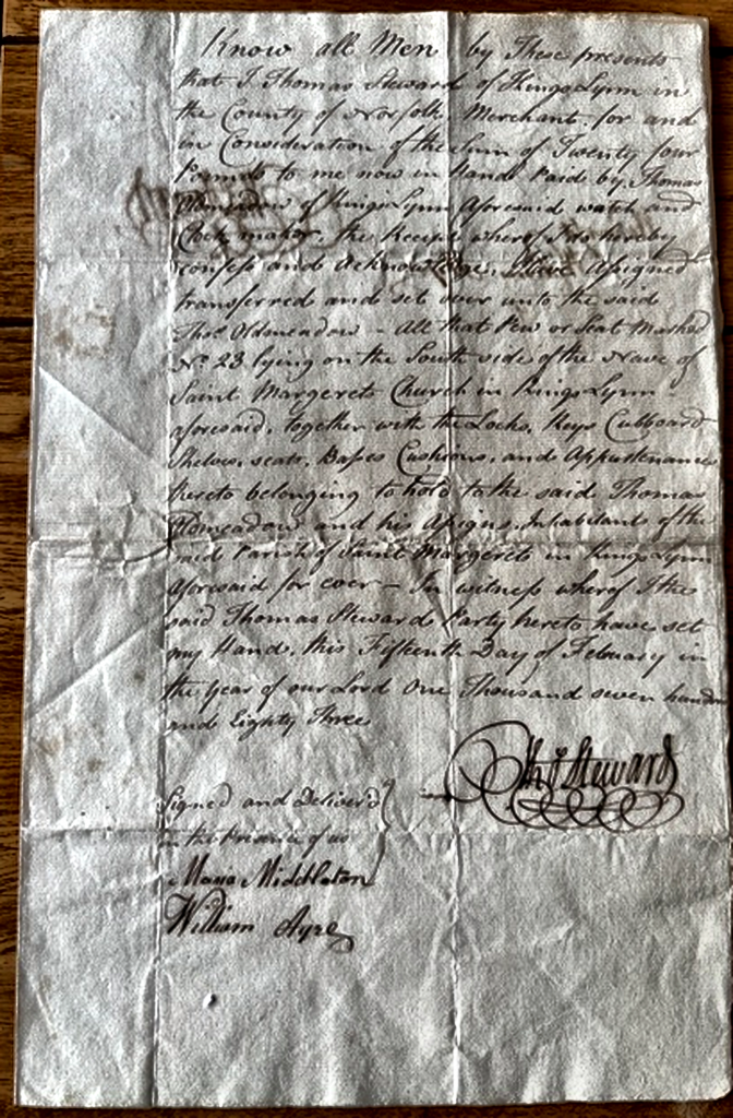 Legal document concerning the sale of a church box pew, 1783