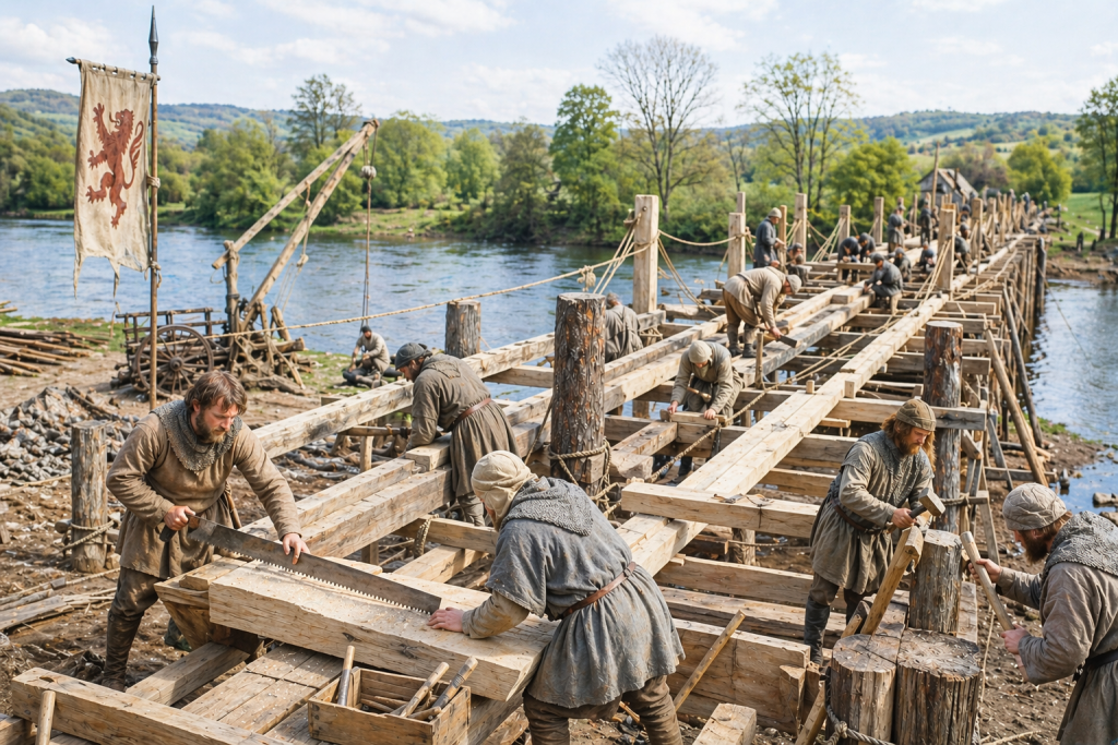 AI image showing Early C14th Carpenters at Work
