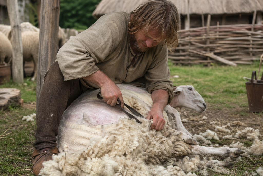 AI image of a Medieval farmer shearing sheep