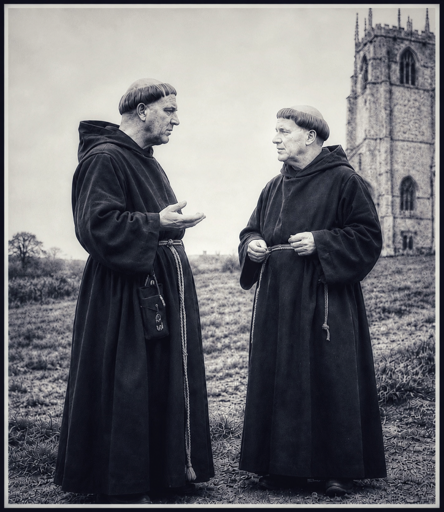 AI image of Medieval Benedictine Monks outside St Margaret’s Church, King’s Lynn