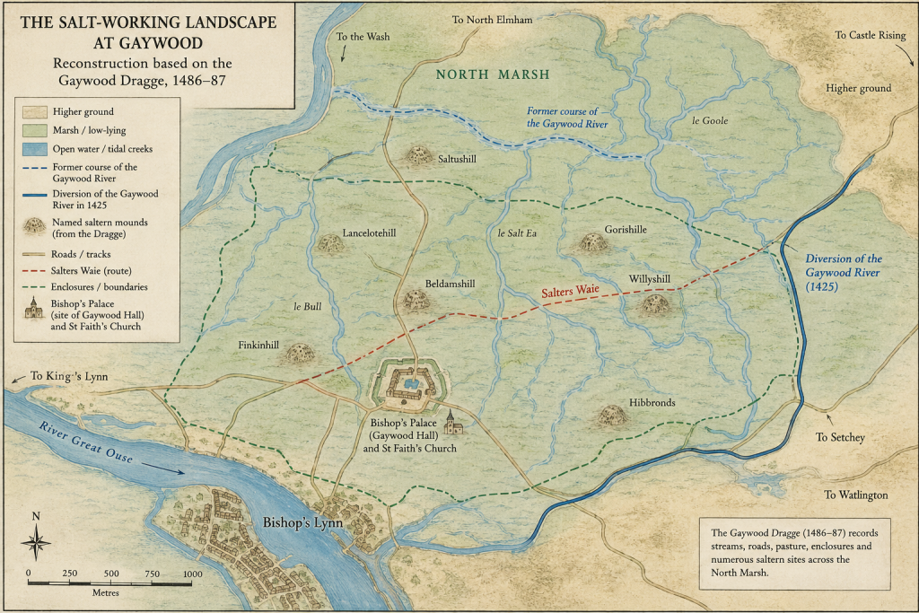 AI Interpretative reconstruction of the salt-working landscape of Gaywood North Marsh, based on the Gaywood Dragge of 1486–87 and later archaeological evidence. Positions of individual features are approximate.
