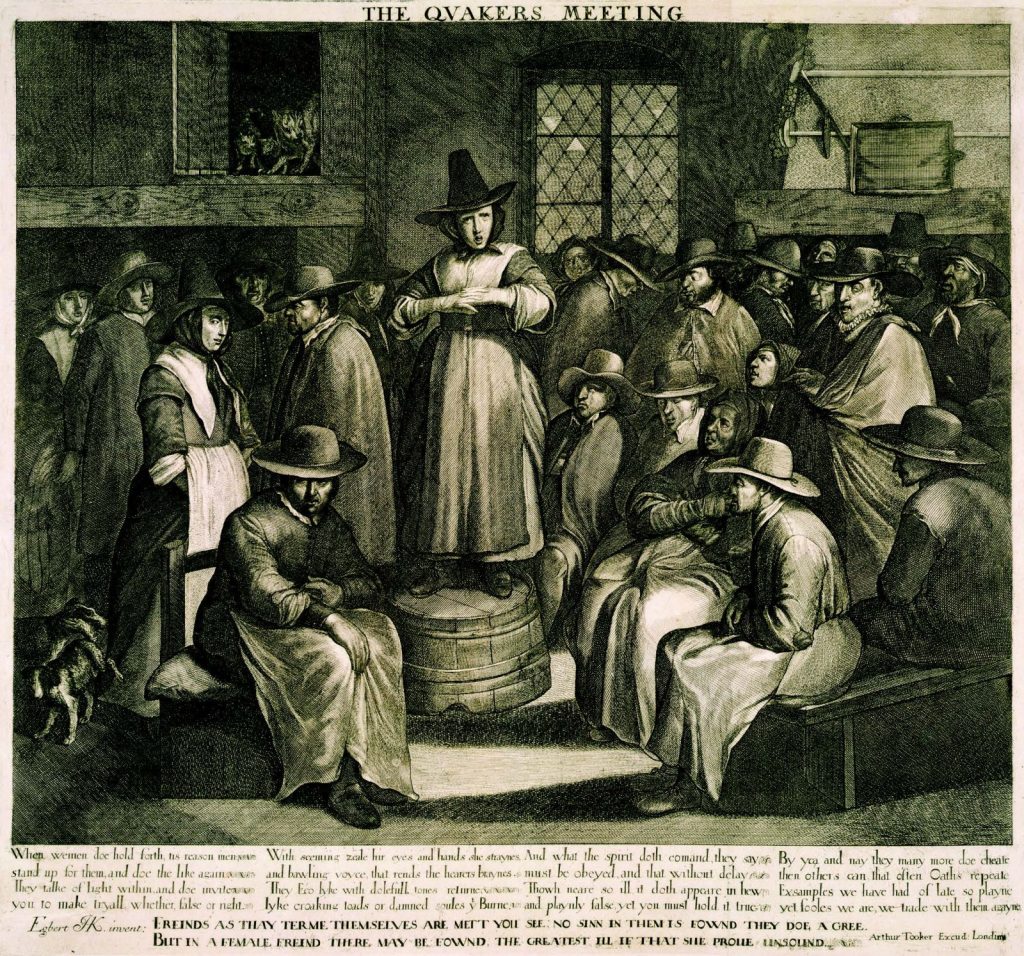 A seventeenth-century satirical image of a Quaker meeting, with a woman speaking in a domestic interior. It is not a view of Lynn, but it helps show why early Friends alarmed their critics: women as well as men claimed the right to speak when moved by the Spirit. 
Image googleapis