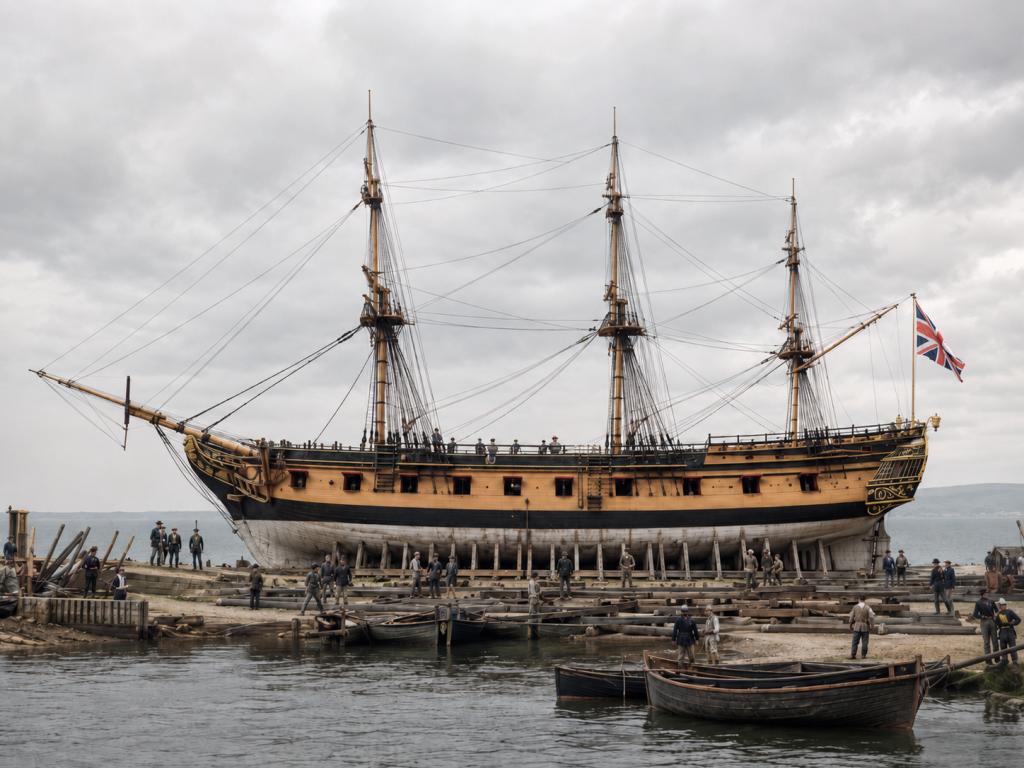AI generated image of an eighteenth-century British shipyard scene, showing a Sixth Rate Post Ship under construction and another vessel afloat. This is not King’s Lynn, but it gives a useful impression of the kind of wooden shipbuilding environment in which Lynn yards such as Bottomley’s operated. 