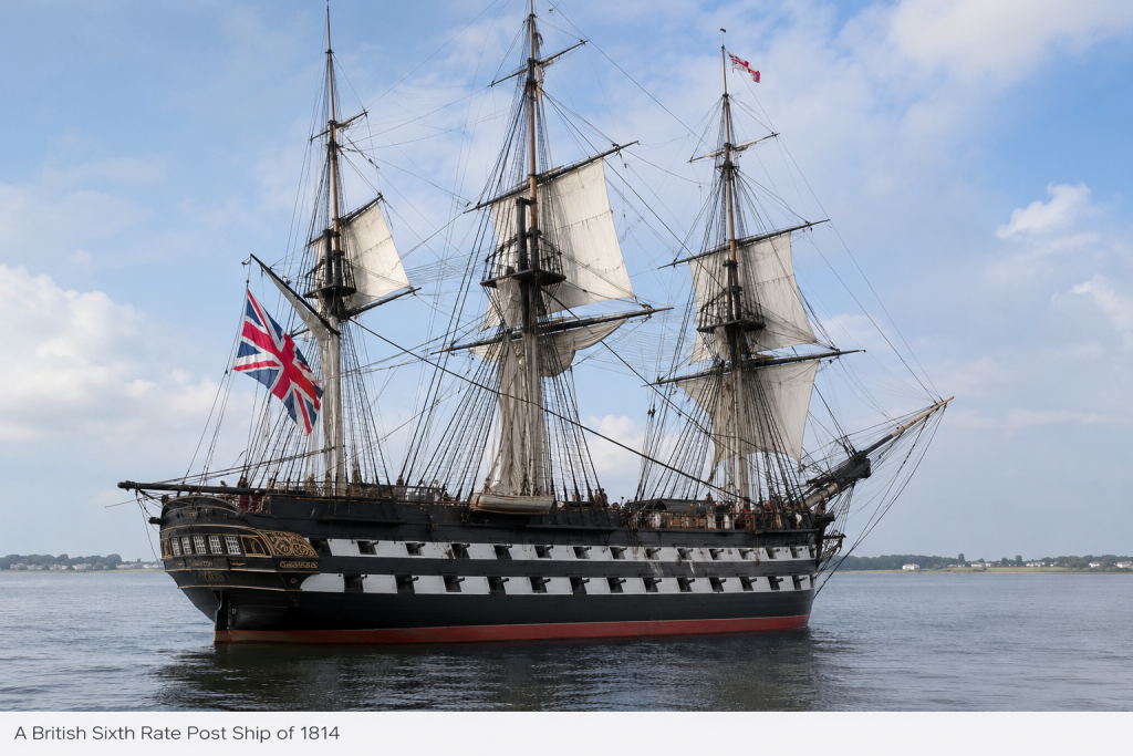 AI generated image of a British Sixth Rate Post Ship of 1814