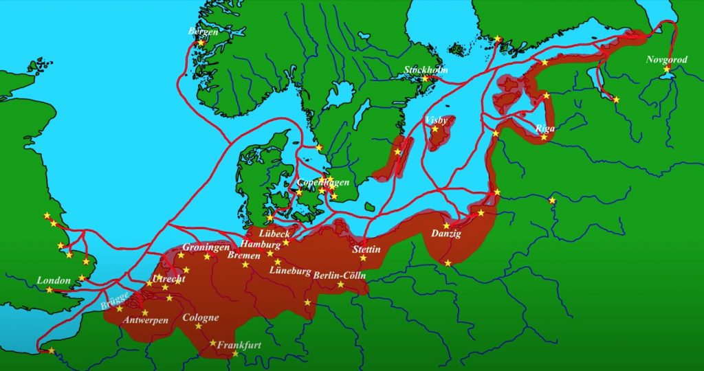 Hanseatic League: Map showing ports and routes