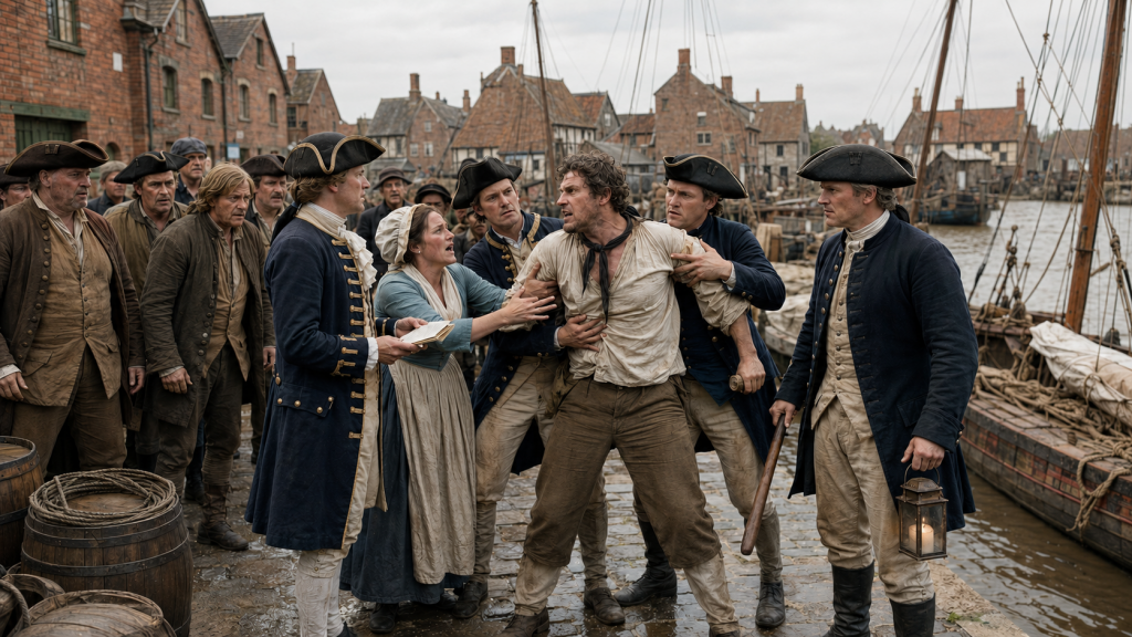 AI generated image of an C18th Press Gang in operation in King’s Lynn