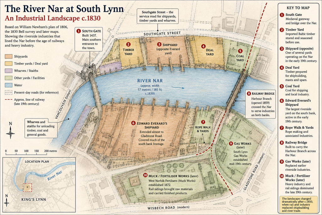 AI generated image based on an 1806 and 1830 map showing the industries in South Lynn around the River Nar, King’s Lynn