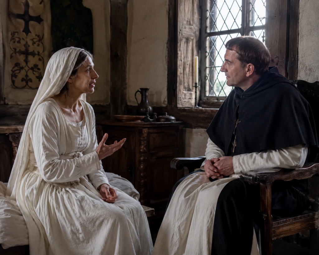 AI generated image of Margery Kempe talking to a priest in King’s Lynn