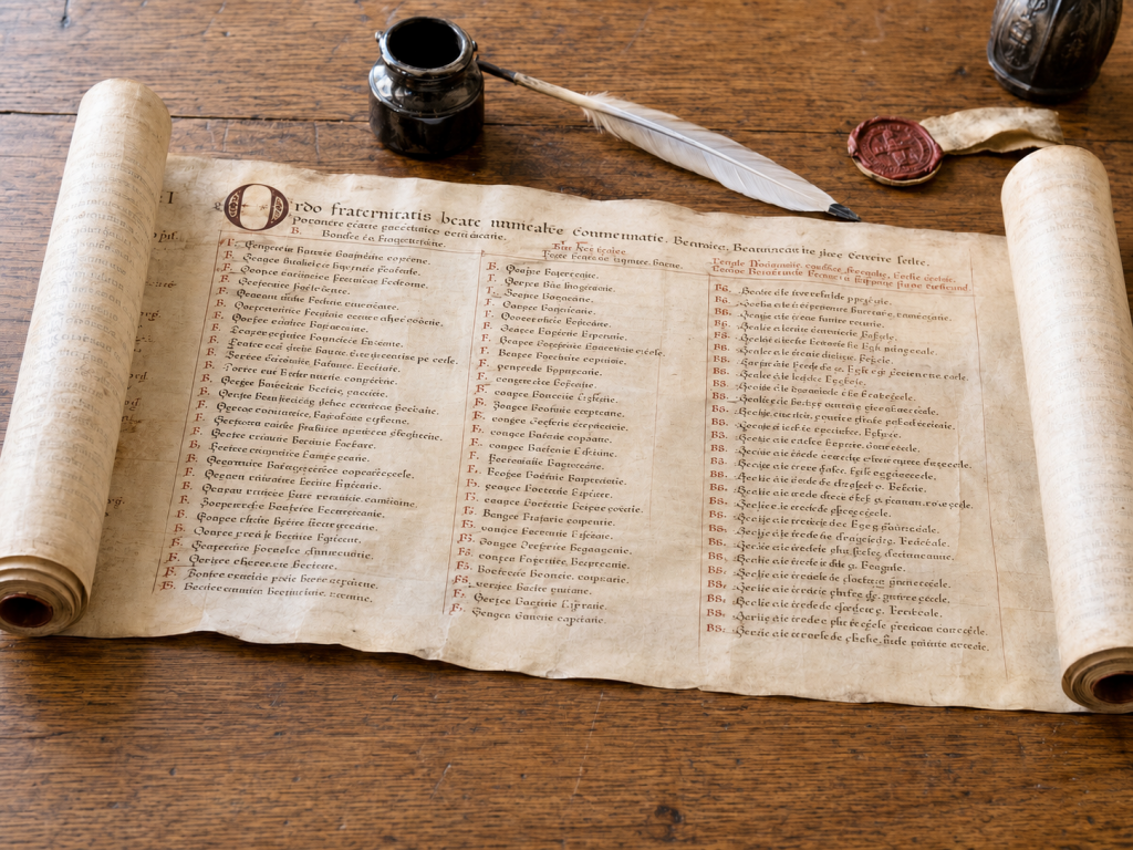 An AI generated manuscript roll illustrating the type of document in which names were entered for remembrance and prayer.