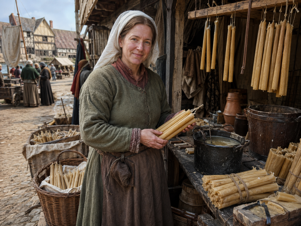 Agnes the Candlewife
An AI generated image of a thirteenth-century woman selling or making tallow candles.
