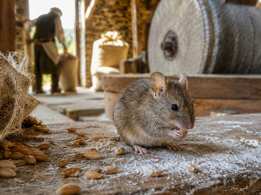 An AI generated image of a mouse in a medieval grain mill illustrating the section on the nickname Milnemus, showing why a mill mouse was considered more fortunate than a church mouse.