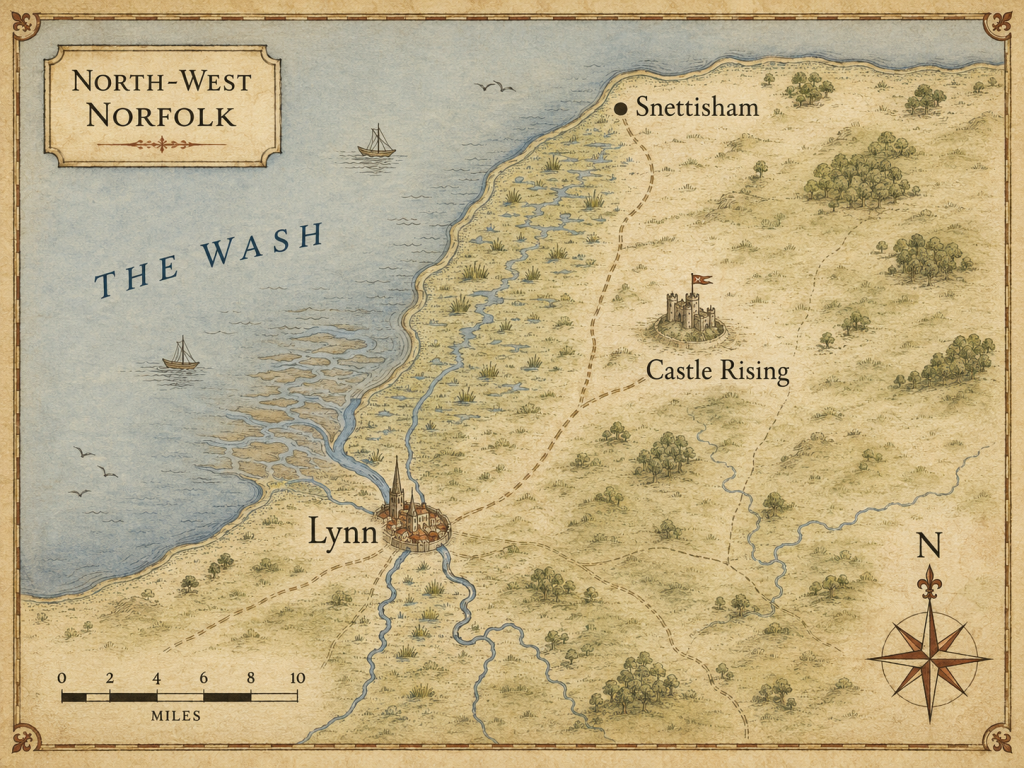 North-West Norfolk Map showing the proximity of Lynn, Castle Rising, and Snettisham