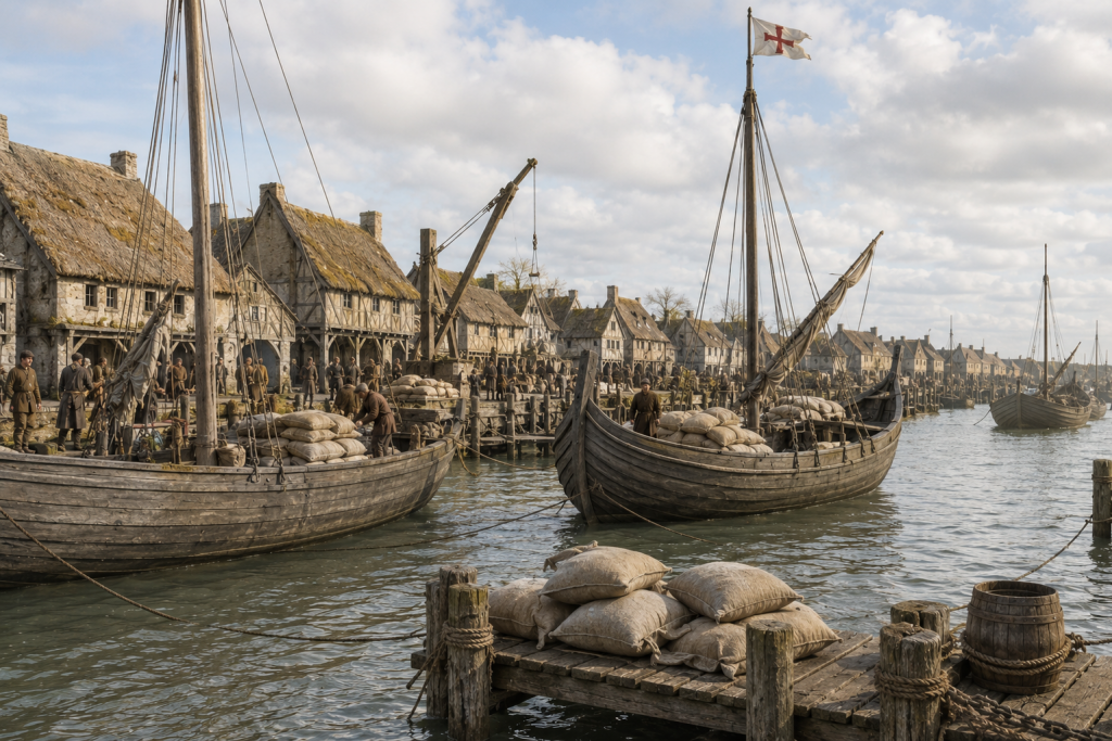 AI generated image of medieval boats in port with grain