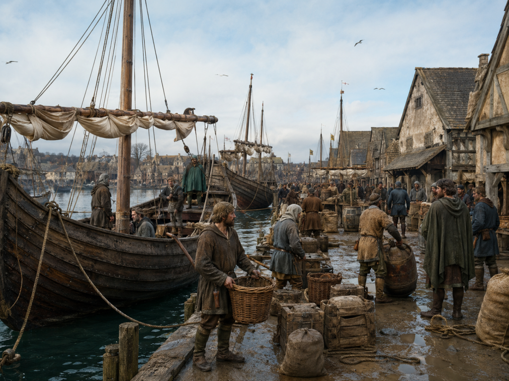 AI generated image of 1190 Bishop’s Lynn as a busy port.