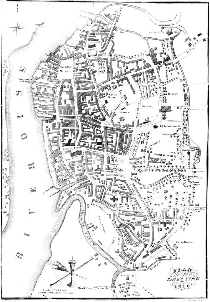 Burnet’s map of King’s Lynn, 1846. “St James’s New Burial Ground” appears south of St John’s Church. The small rounded shape within the enclosure represents the cemetery chapel.