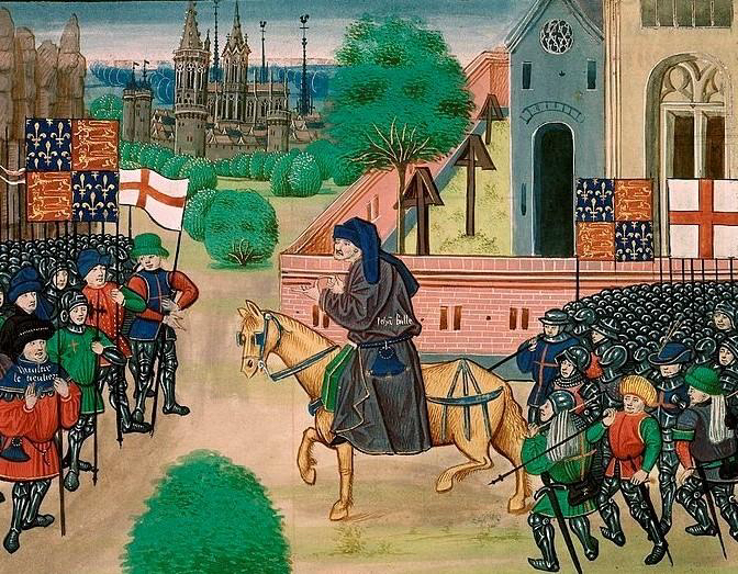 John Ball preaching to rebels. This later medieval illumination is not a contemporary depiction of the Lynn rising, but provides a vivid image of how the rebellion was remembered.
Source: British Library, Royal MS 18 E I, f.165v. Public domain image reproduced by CenSAMM.