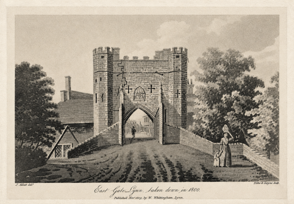 King’s Lynn’s East Gate in an aquatint by James Sillett, published in 1809, nine years after its demolition.