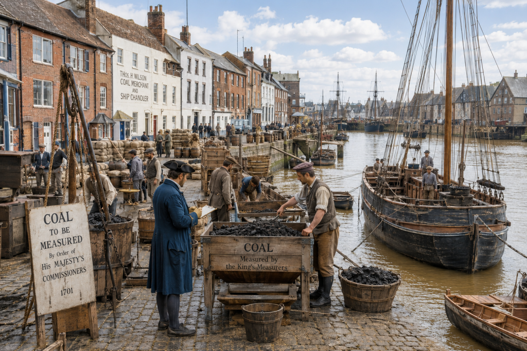 AI generated image of King’s Lynn’s waterfront in the early C18th, with coal arriving from north-eastern England being measured at the port before being sold and distributed inland. 