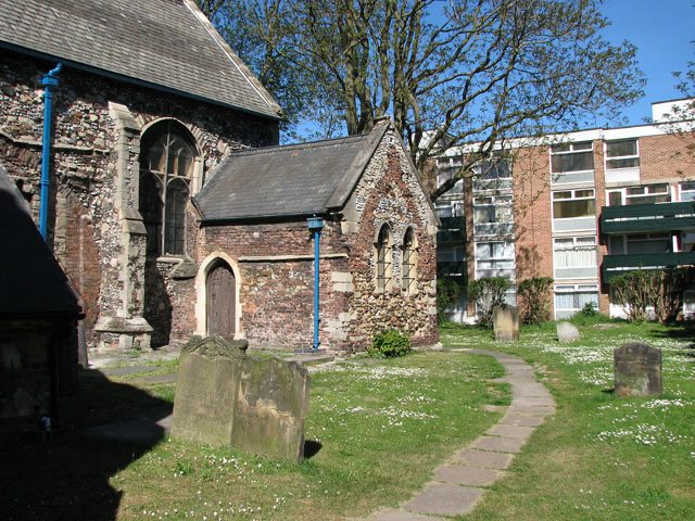The south side of the chancel, where masonry scars and a small gabled structure are associated with the medieval anchorhold. Photograph: Evelyn Simak.