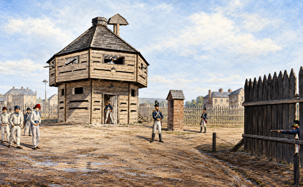 The Prisoner of War Camp, Norman Cross, Peterborough (Huntingdonshire). 
AI enhance image of an 1809 original at theprisoner.org.uk