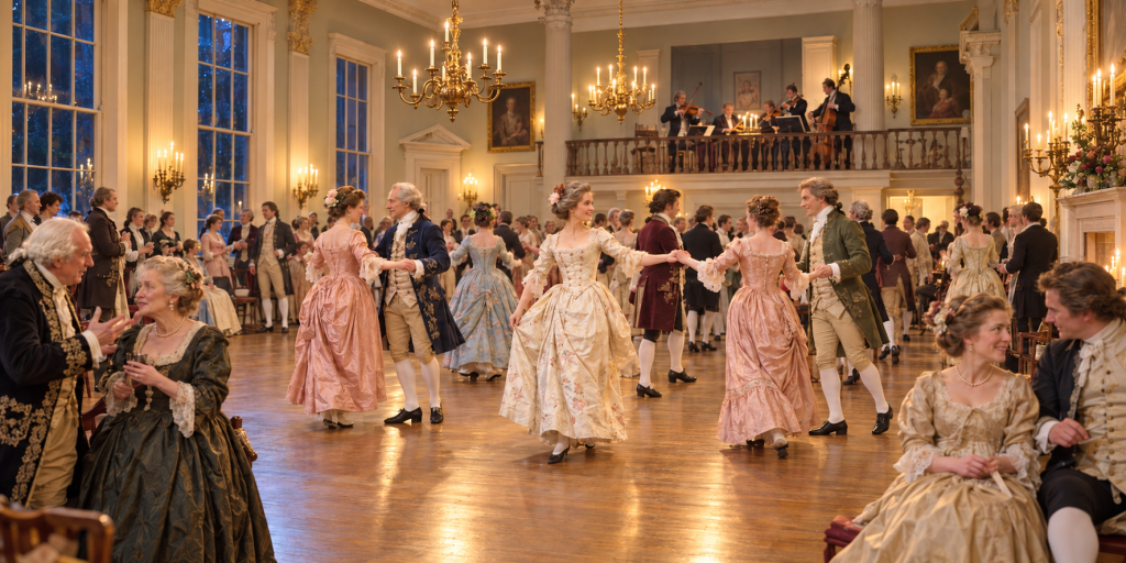 AI generated image of a Georgian ballroom scene.