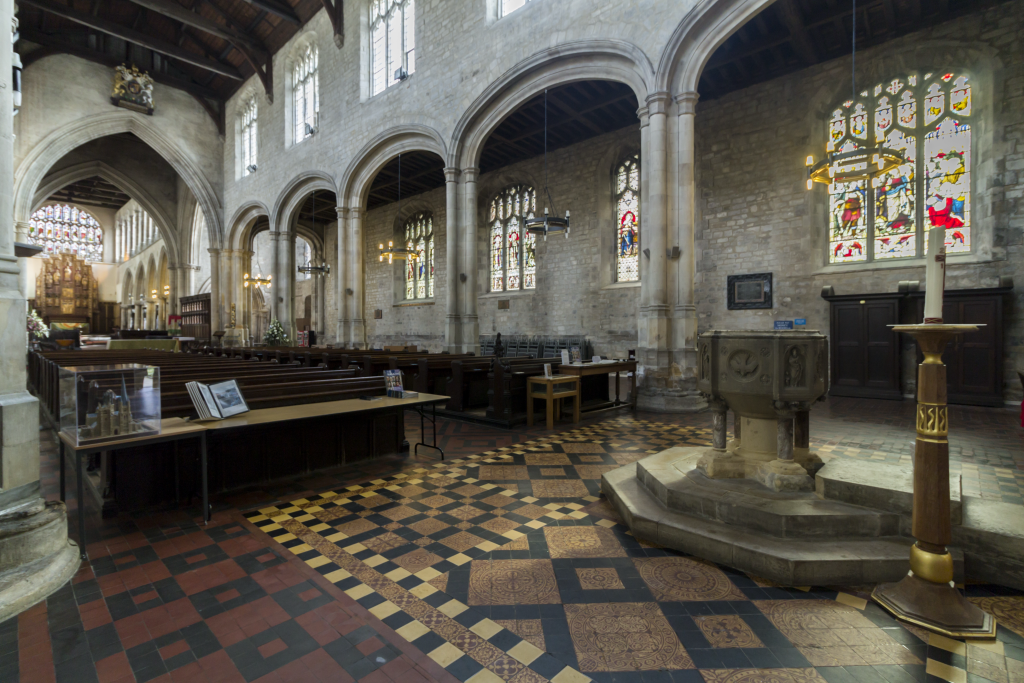 The interior looking towards the chancel. The patterned Victorian floor surrounds medieval pier bases, while the nave arches contain both medieval and Georgian work. 
Photograph © J. Hannan-Briggs 2017