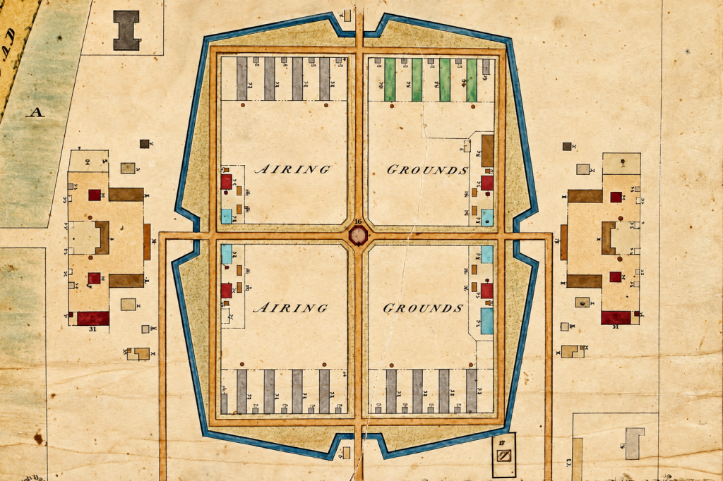 Watercolour plan of the Barracks of Norman Cross, with a list of buildings, made in 1799 (Peterborough Museum & Art Gallery)