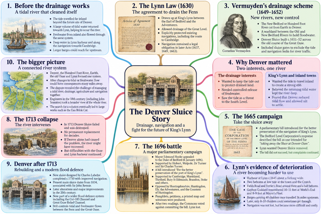 AI generated graphic summarising the history of Denver Sluice.