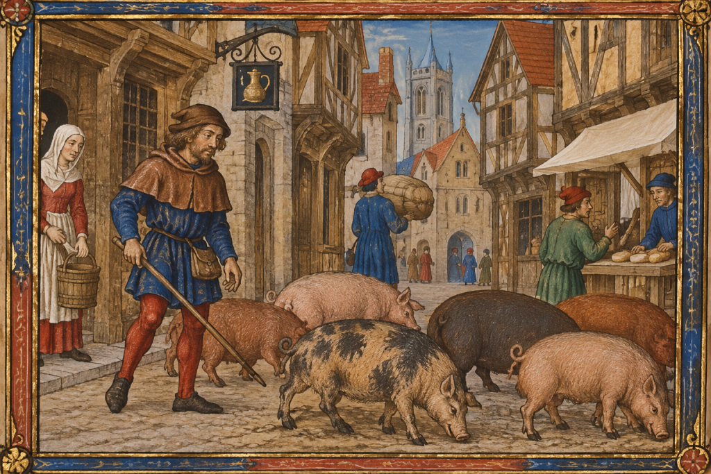 AI generated image of medieval pigs in the street.