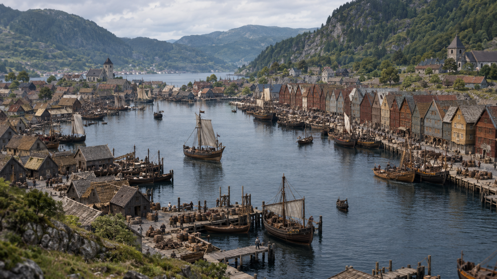 An AI reconstruction of medieval Bergen harbour.