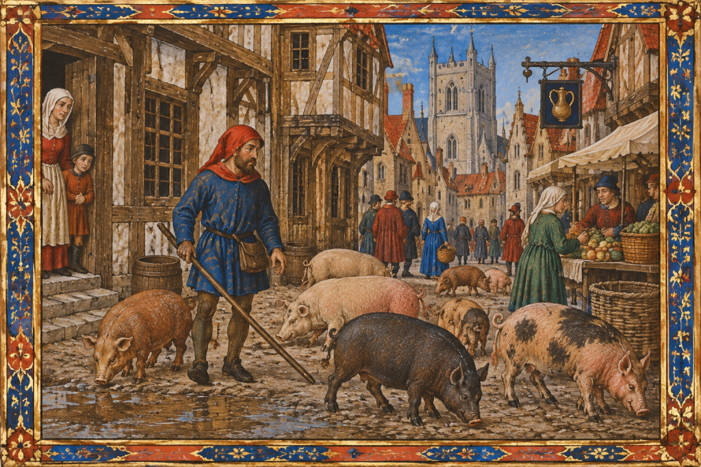 AI generated image of medieval pigs in the street.