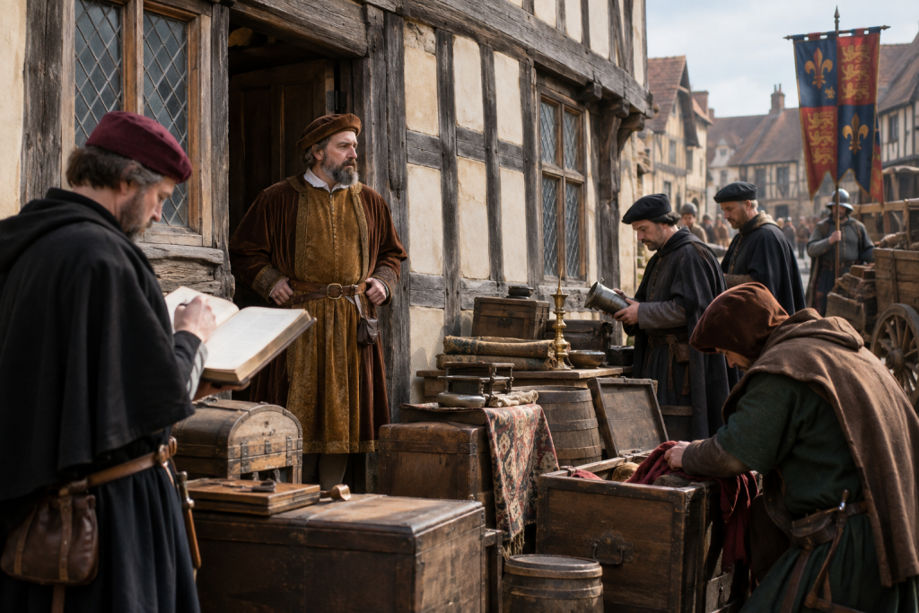 AI generated image of of a prosperous late thirteenth-century Lynn merchant standing outside his timber-framed house while royal officials inventory goods for confiscation.