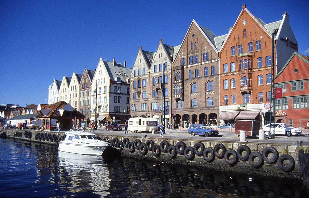 Bryggen, Bergen’s historic waterfront. Excavations here revealed thousands of fragments of imported medieval pottery, including wares associated with the Grimston industry in Norfolk. 
Photograph: Wikimedia Commons