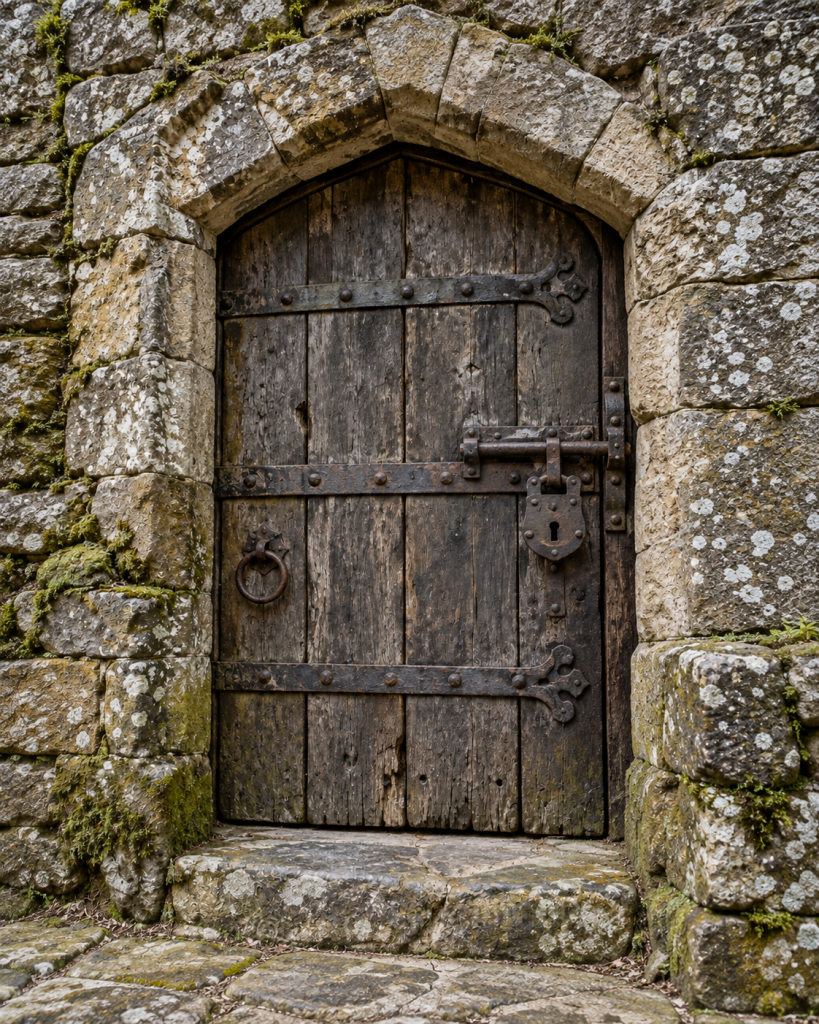 AI generated image of a locked medieval door.