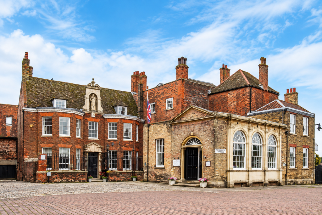 Bank House on King’s Staithe Square. The house, former Counting House, railings and gateway form one of the most distinctive historic groups on Lynn’s waterfront. 